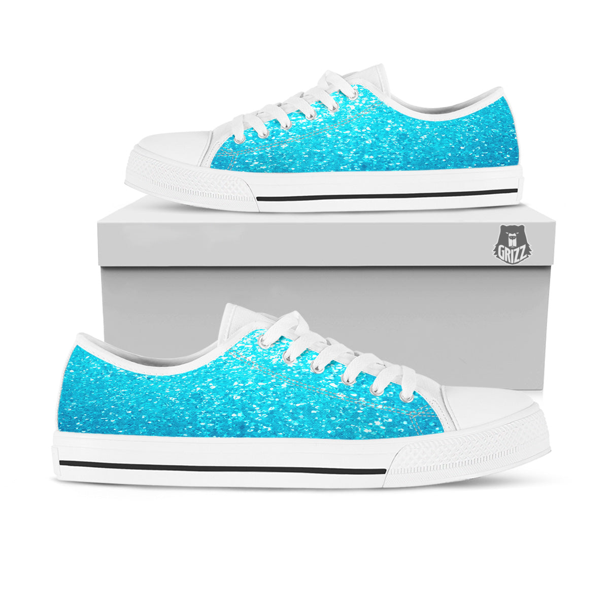 Artwork Blue Glitter Print White Low Top Shoes-grizzshop
