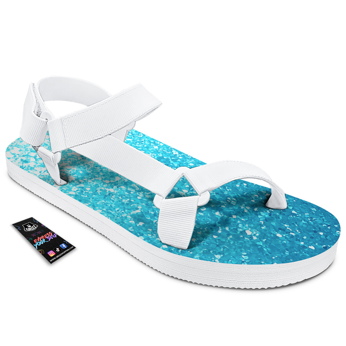 Artwork Blue Glitter Print White Open Toe Sandals-grizzshop