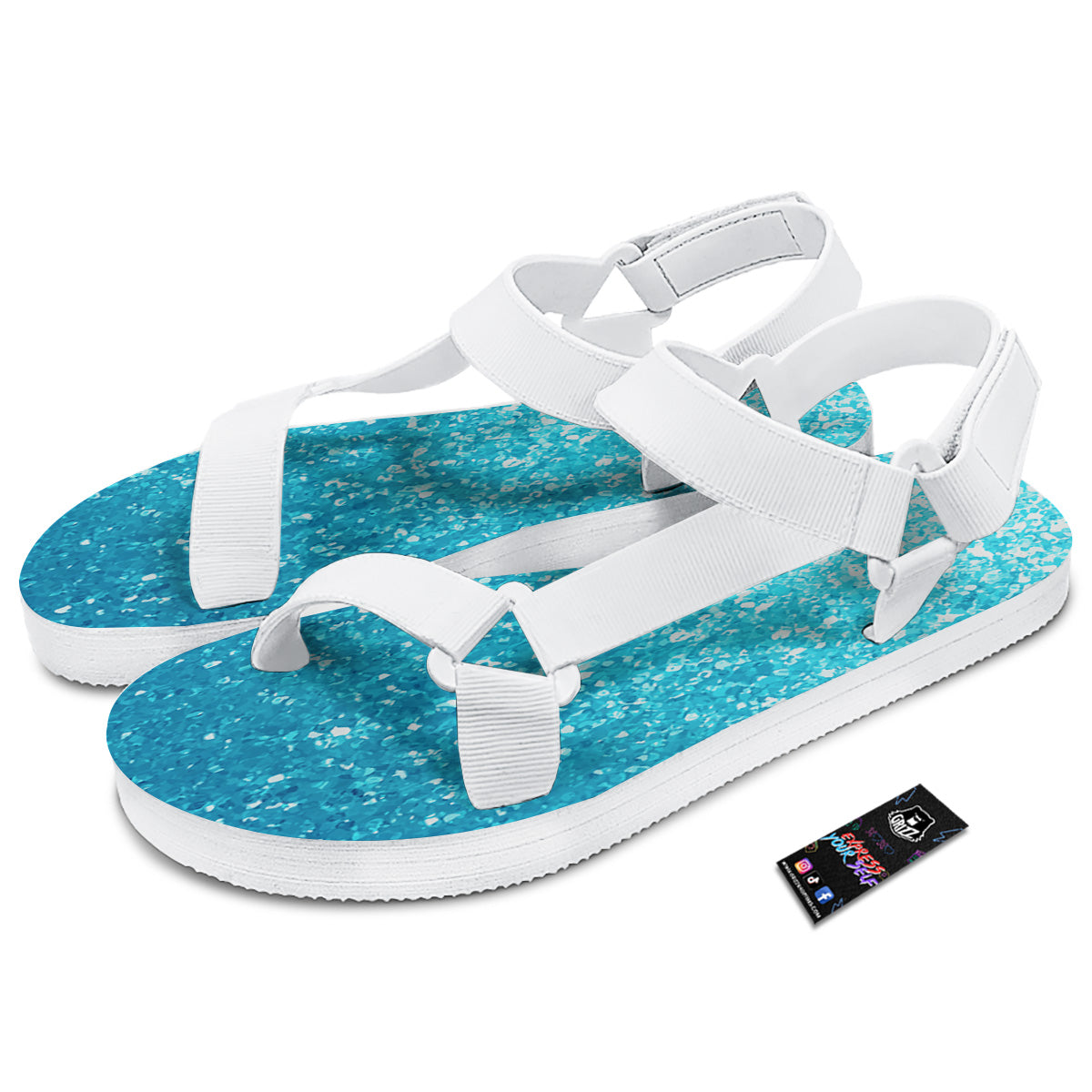 Artwork Blue Glitter Print White Open Toe Sandals-grizzshop