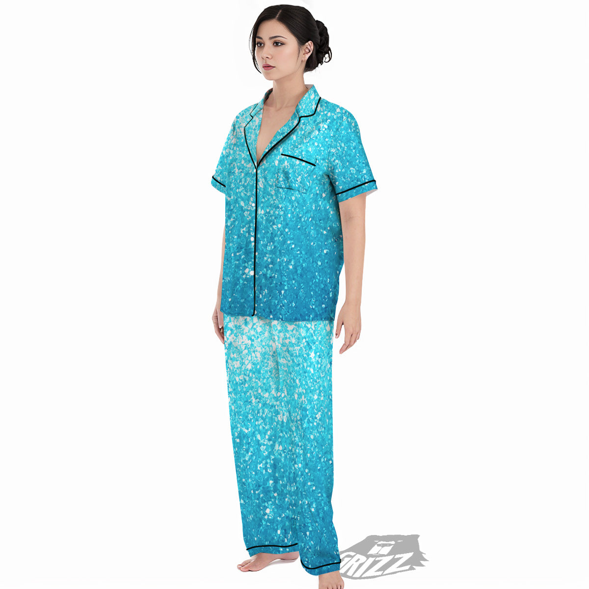Artwork Blue Glitter Print Women's Pajamas Set-grizzshop