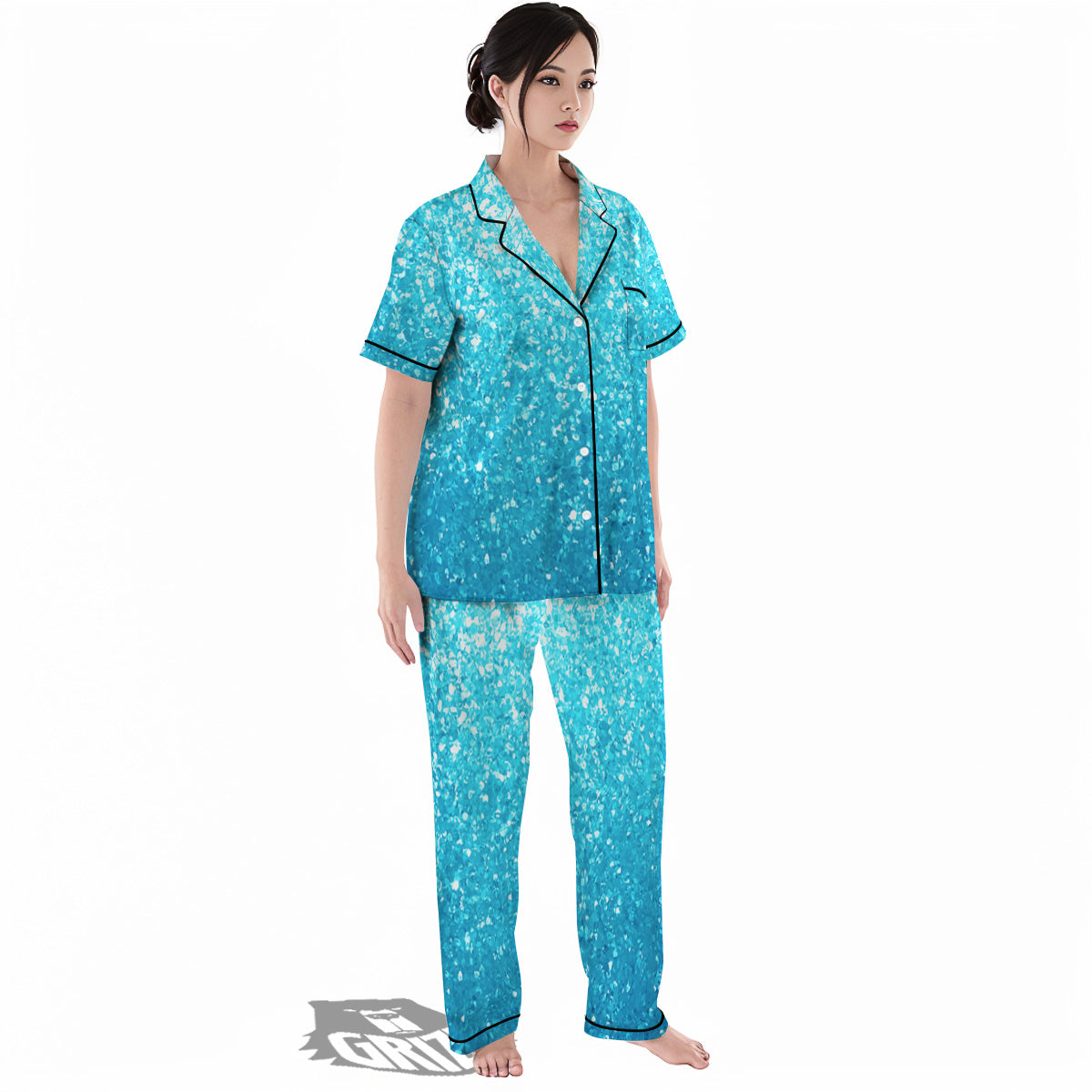 Artwork Blue Glitter Print Women's Pajamas Set-grizzshop