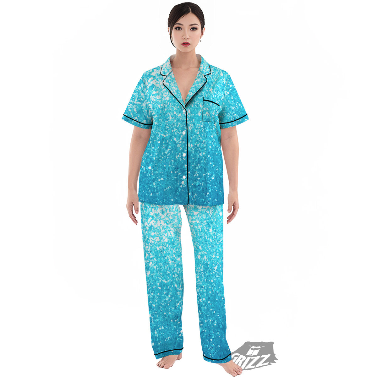 Artwork Blue Glitter Print Women's Pajamas Set-grizzshop