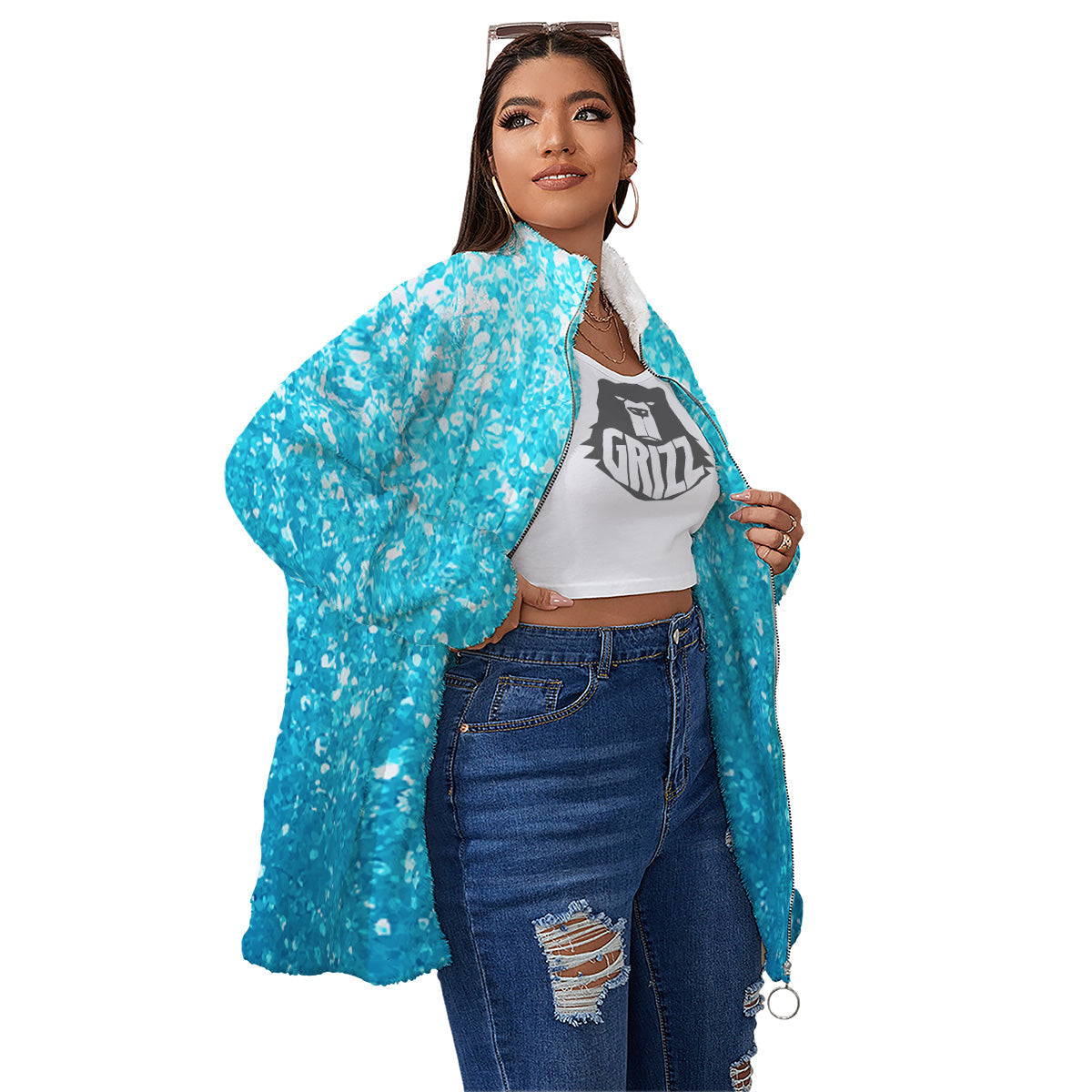Artwork Blue Glitter Print Women's Sherpa Jacket-grizzshop
