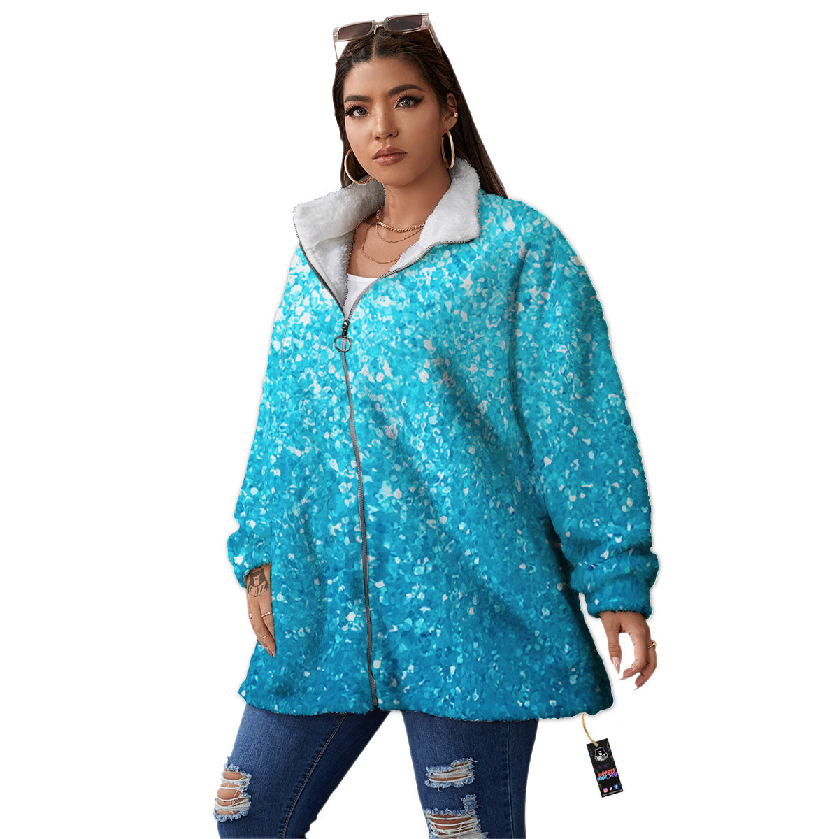 Artwork Blue Glitter Print Women's Sherpa Jacket-grizzshop