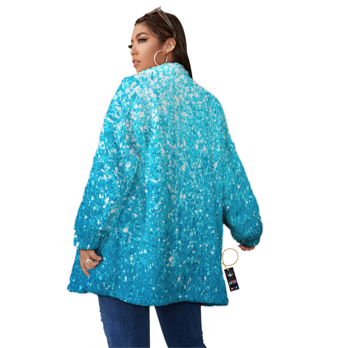 Artwork Blue Glitter Print Women's Sherpa Jacket-grizzshop