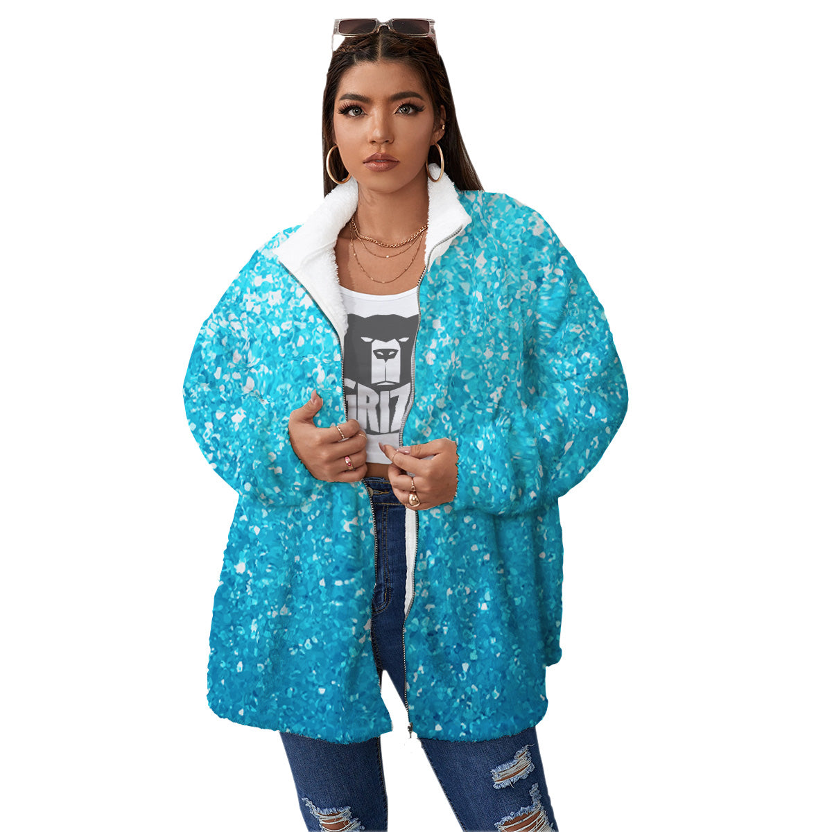 Artwork Blue Glitter Print Women's Sherpa Jacket-grizzshop