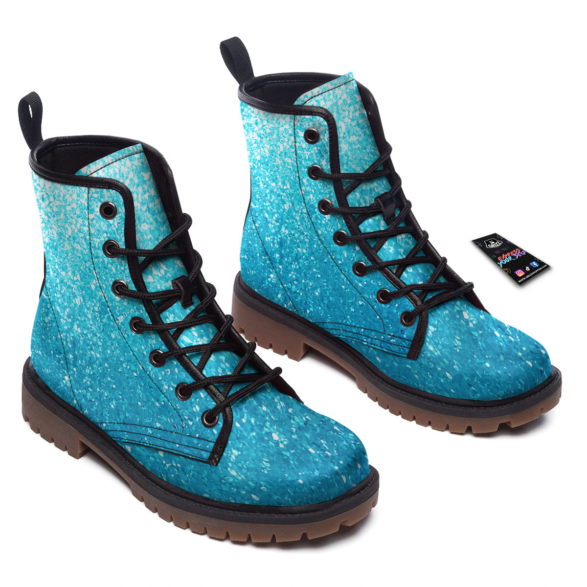 Artwork Blue Glitter Print Work Boots-grizzshop