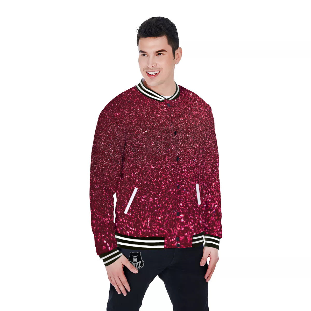 Artwork Burgundy Glitter Print Baseball Jacket-grizzshop