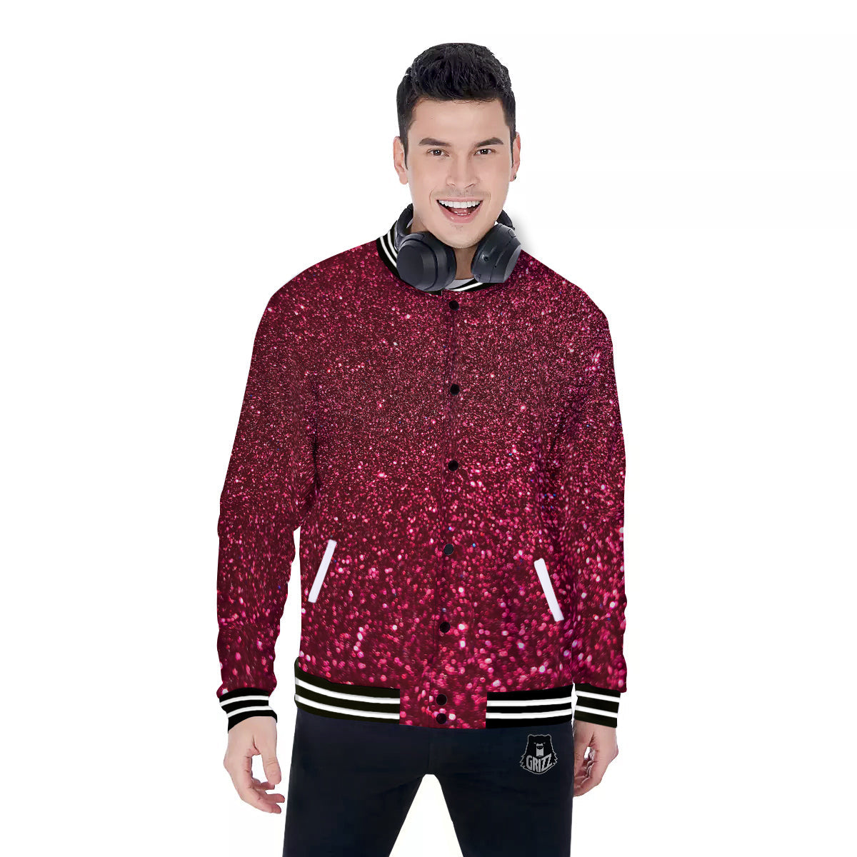 Artwork Burgundy Glitter Print Baseball Jacket-grizzshop