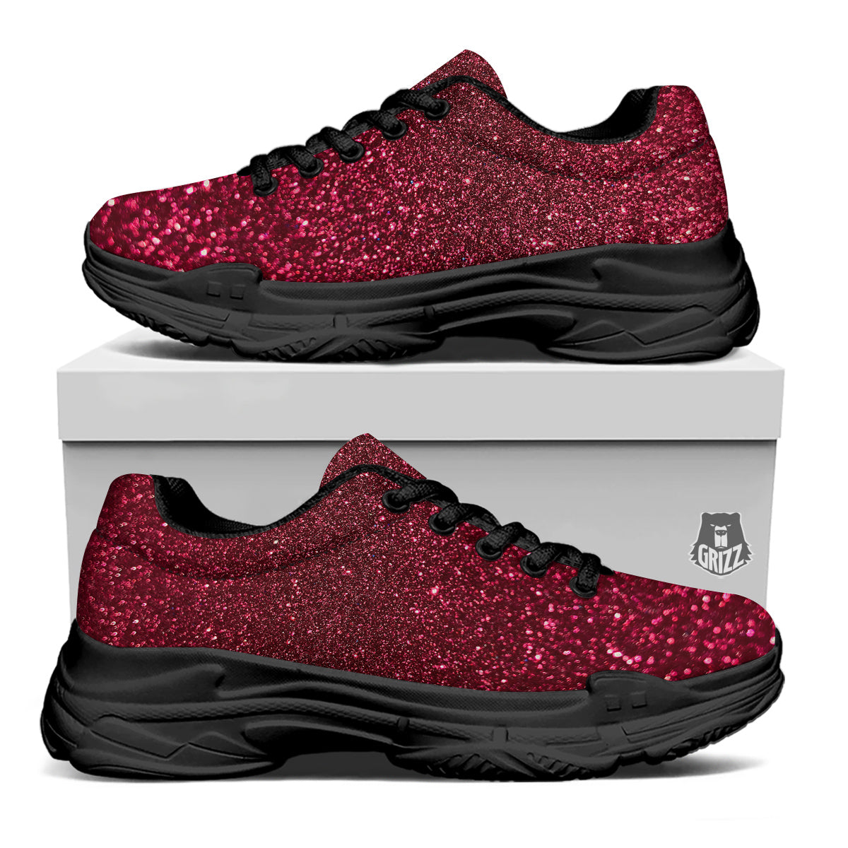 Artwork Burgundy Glitter Print Black Chunky Shoes-grizzshop