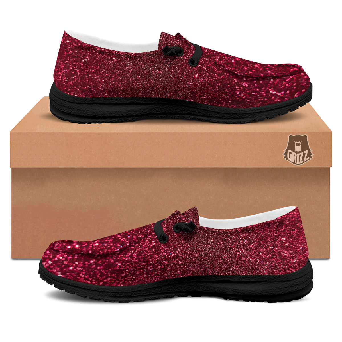 Artwork Burgundy Glitter Print Black Loafers-grizzshop