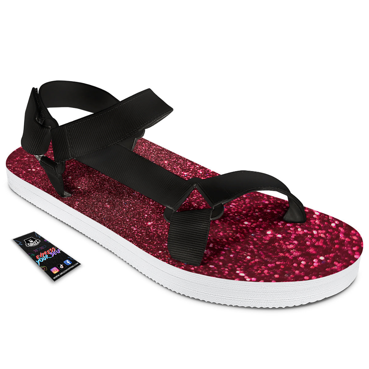 Artwork Burgundy Glitter Print Black Open Toe Sandals-grizzshop