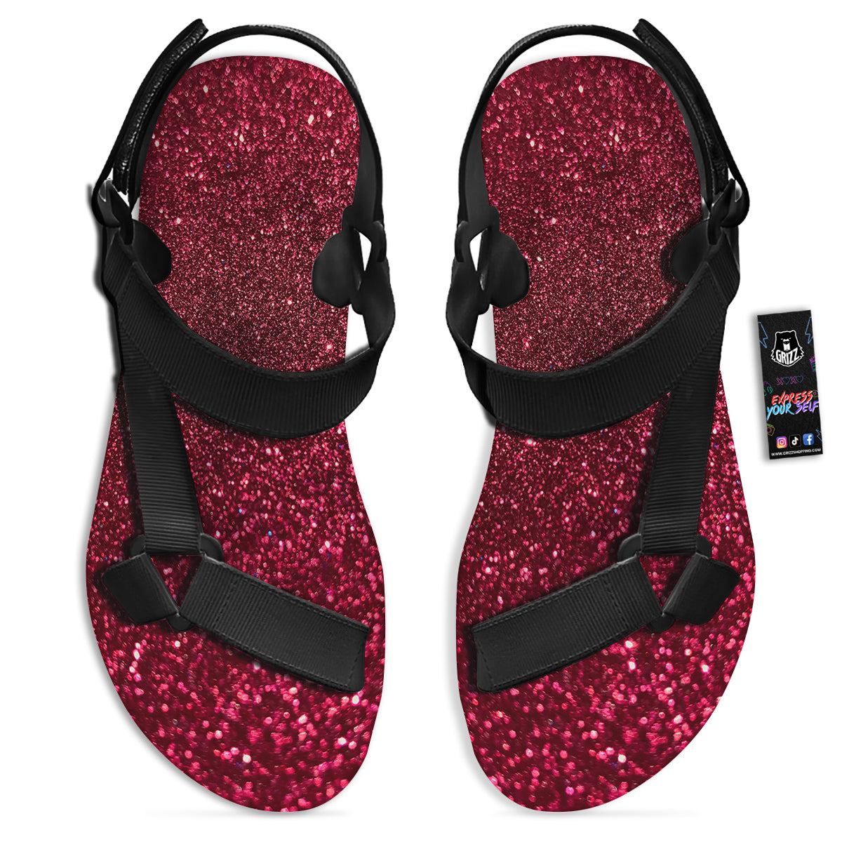 Artwork Burgundy Glitter Print Black Open Toe Sandals-grizzshop
