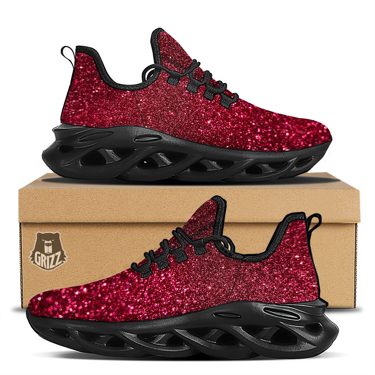 Artwork Burgundy Glitter Print Black Running Shoes-grizzshop
