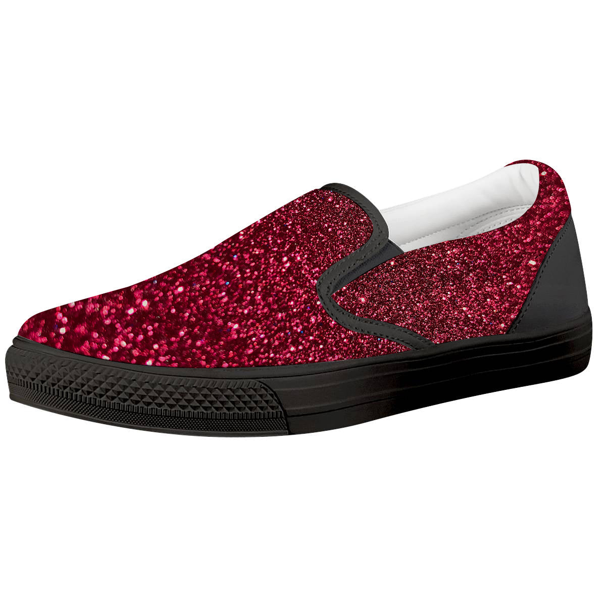 Artwork Burgundy Glitter Print Black Slip On Shoes-grizzshop