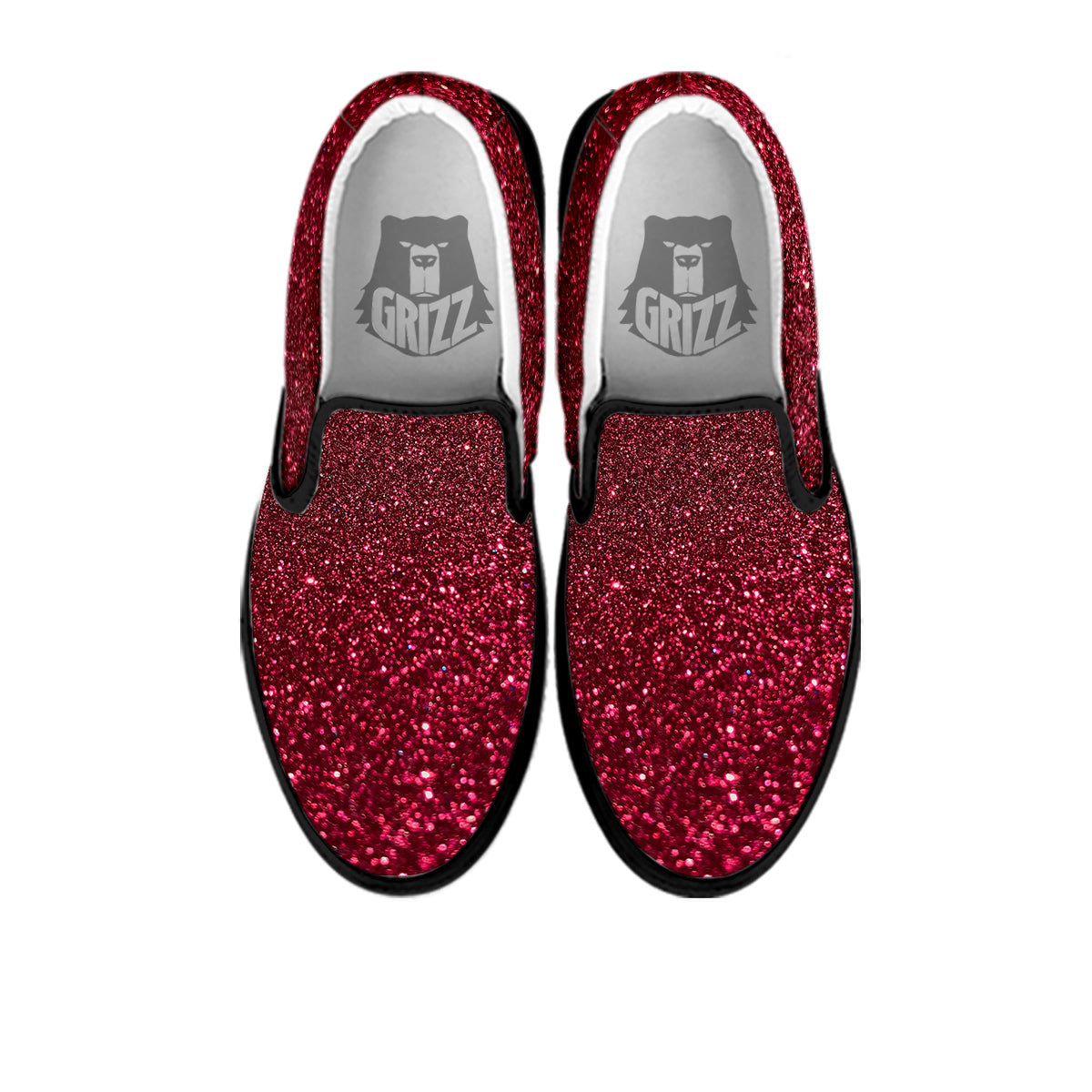 Artwork Burgundy Glitter Print Black Slip On Shoes-grizzshop