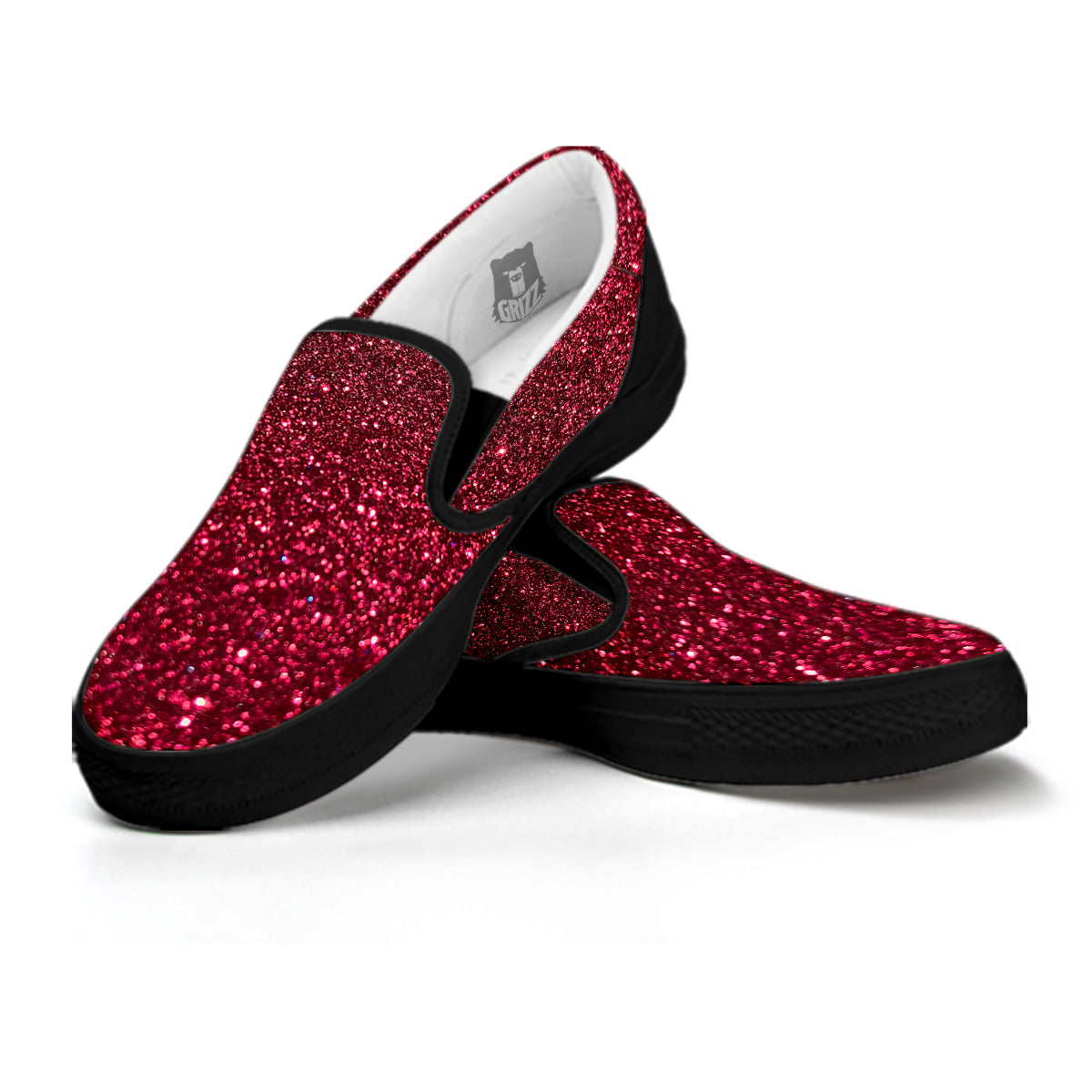 Artwork Burgundy Glitter Print Black Slip On Shoes-grizzshop