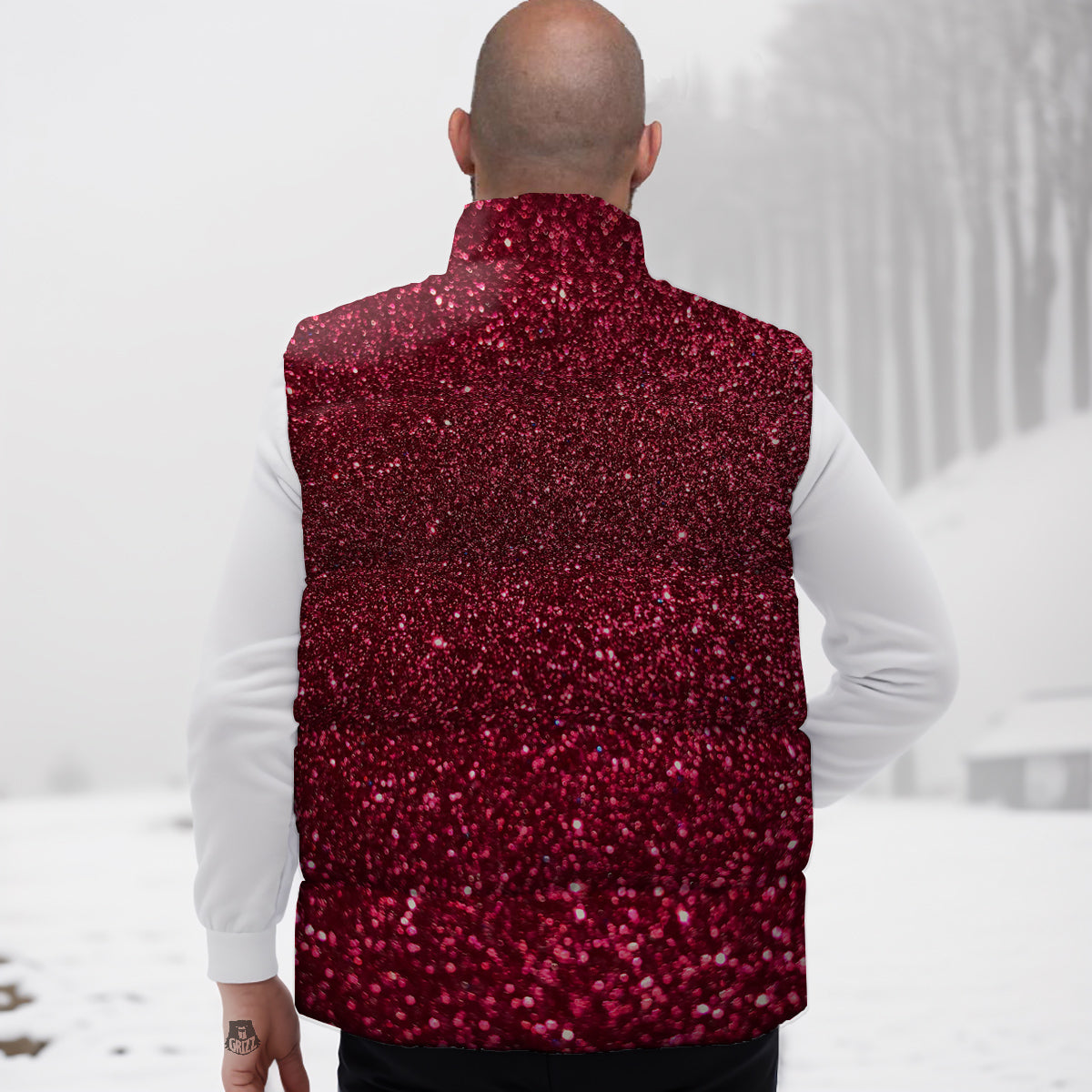 Artwork Burgundy Glitter Print Down Vest