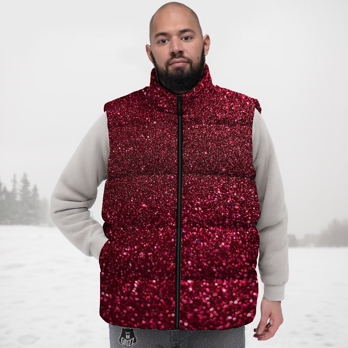 Artwork Burgundy Glitter Print Down Vest