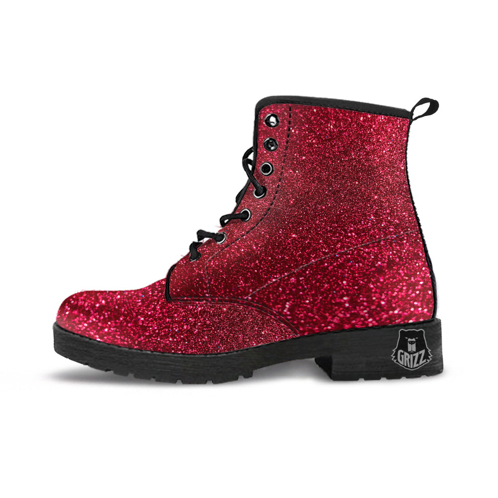 Artwork Burgundy Glitter Print Leather Boots-grizzshop