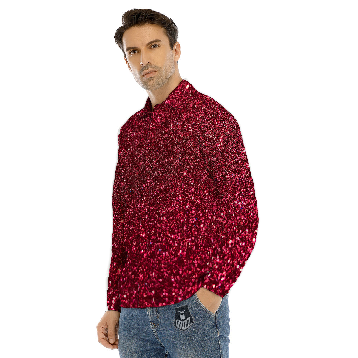 Artwork Burgundy Glitter Print Men's Dress Shirts-grizzshop