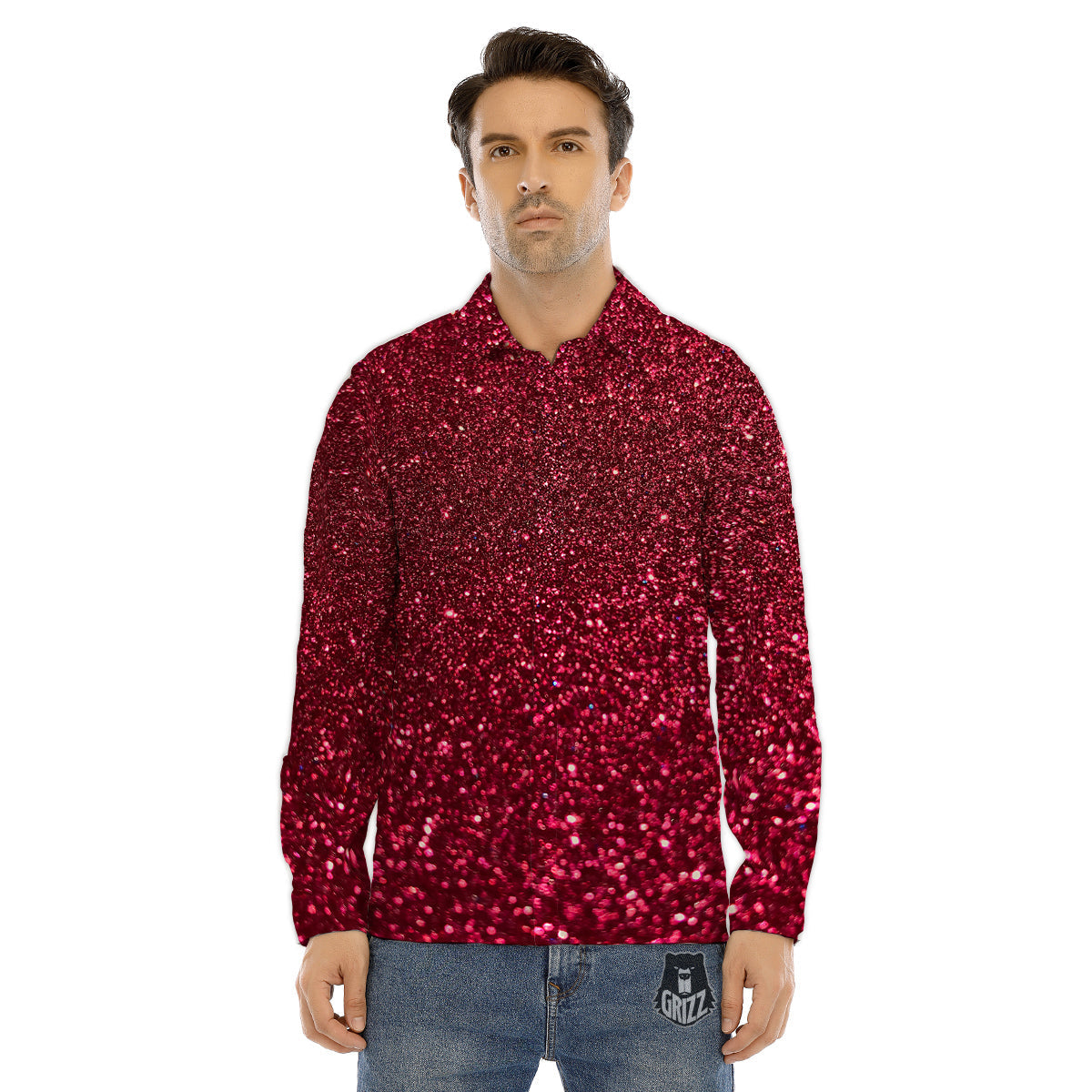 Artwork Burgundy Glitter Print Men's Dress Shirts-grizzshop
