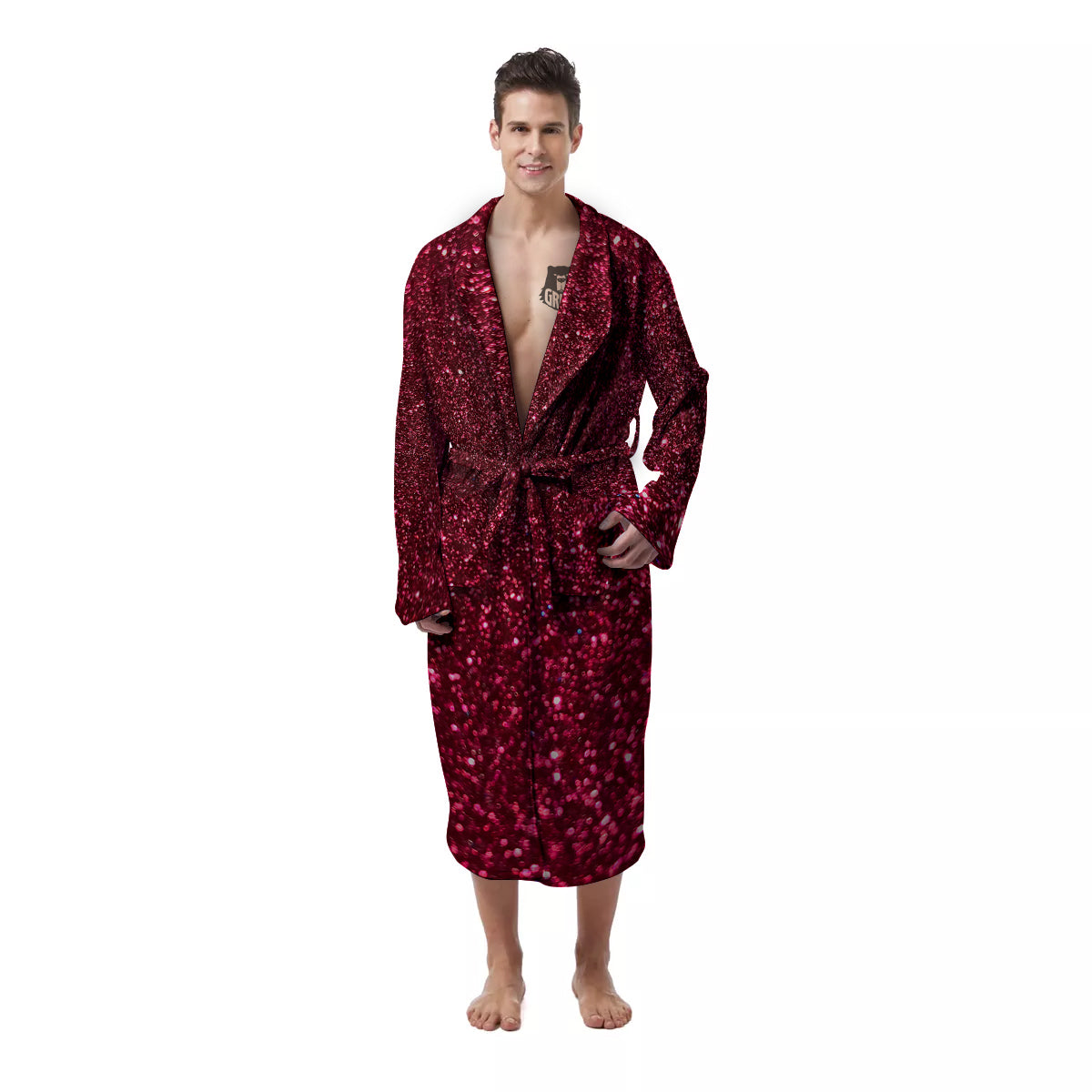 Artwork Burgundy Glitter Print Men's Robe-grizzshop