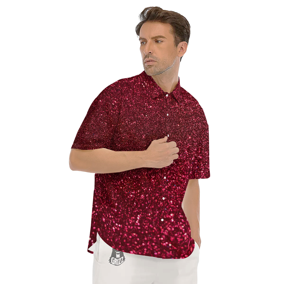 Artwork Burgundy Glitter Print Men's Short Sleeve Shirts-grizzshop