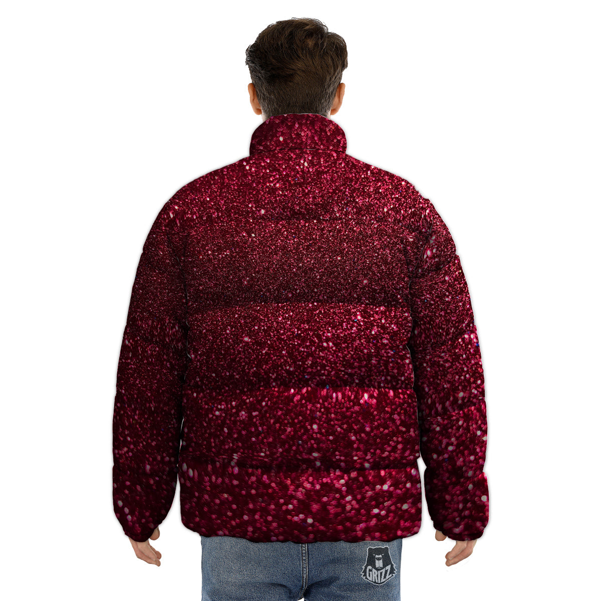 Artwork Burgundy Glitter Print Puffer Jacket-grizzshop
