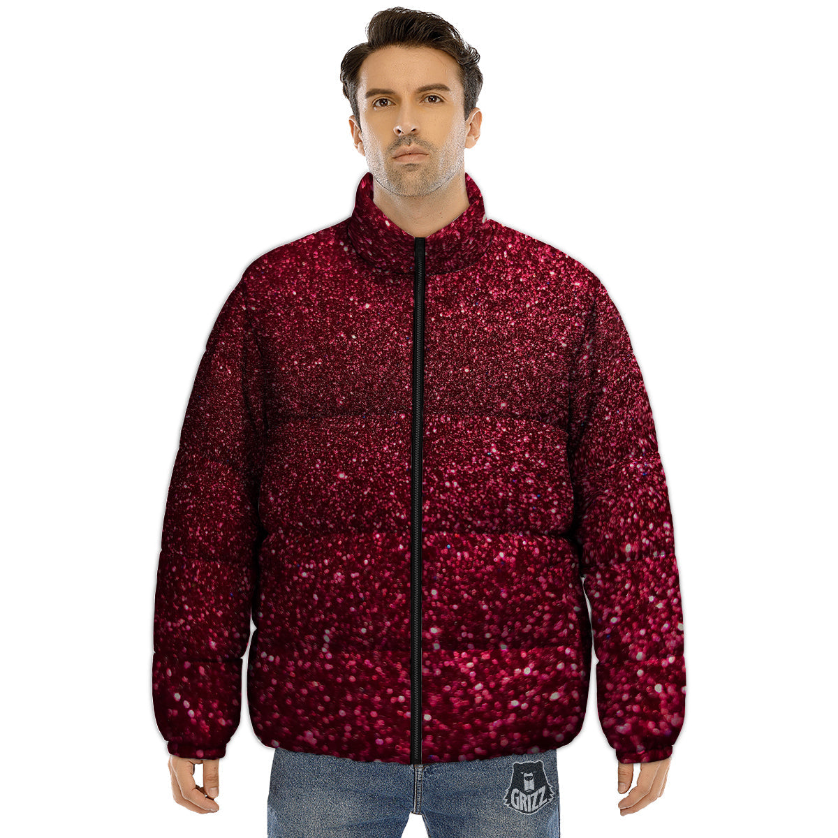 Artwork Burgundy Glitter Print Puffer Jacket-grizzshop