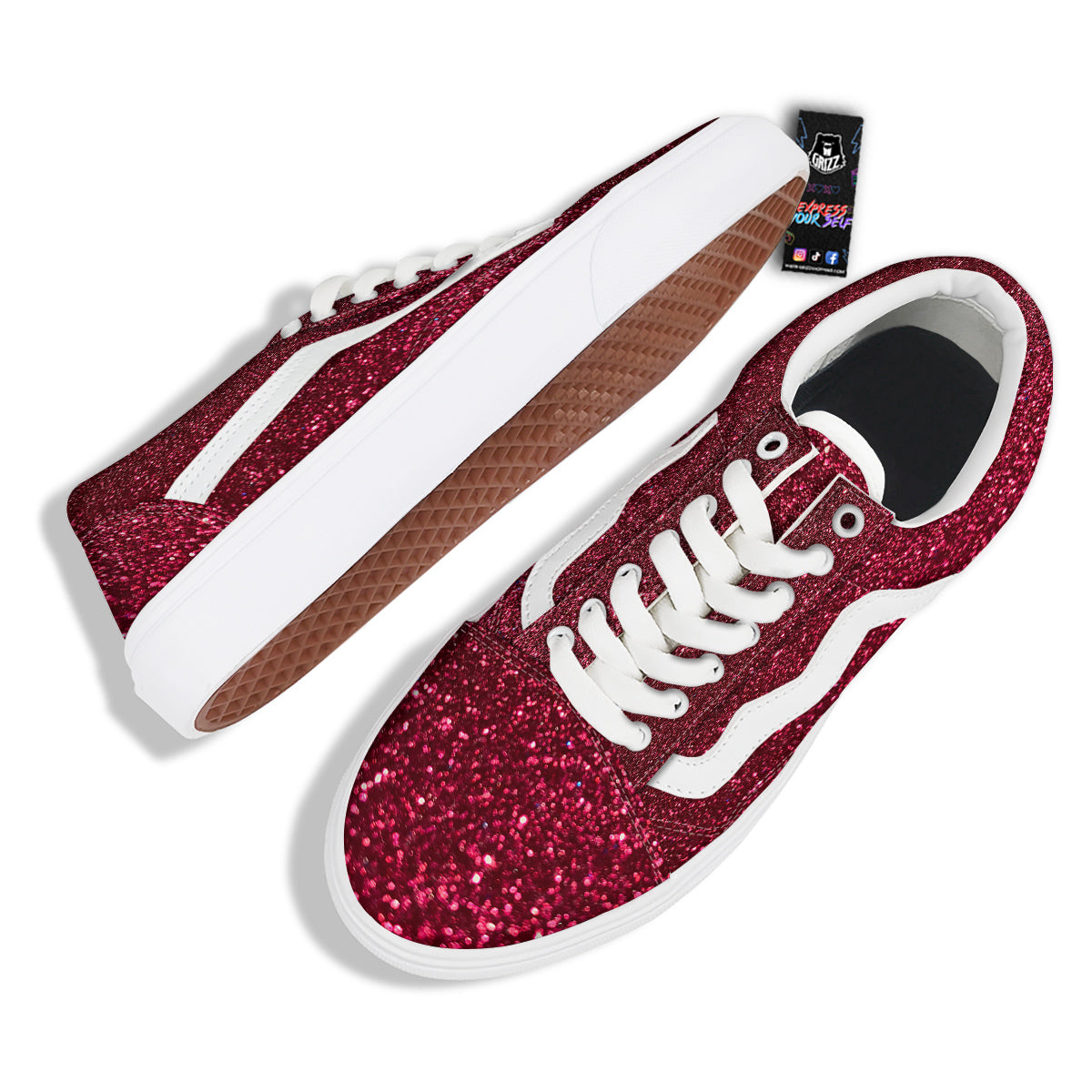 Artwork Burgundy Glitter Print Skate Shoes-grizzshop