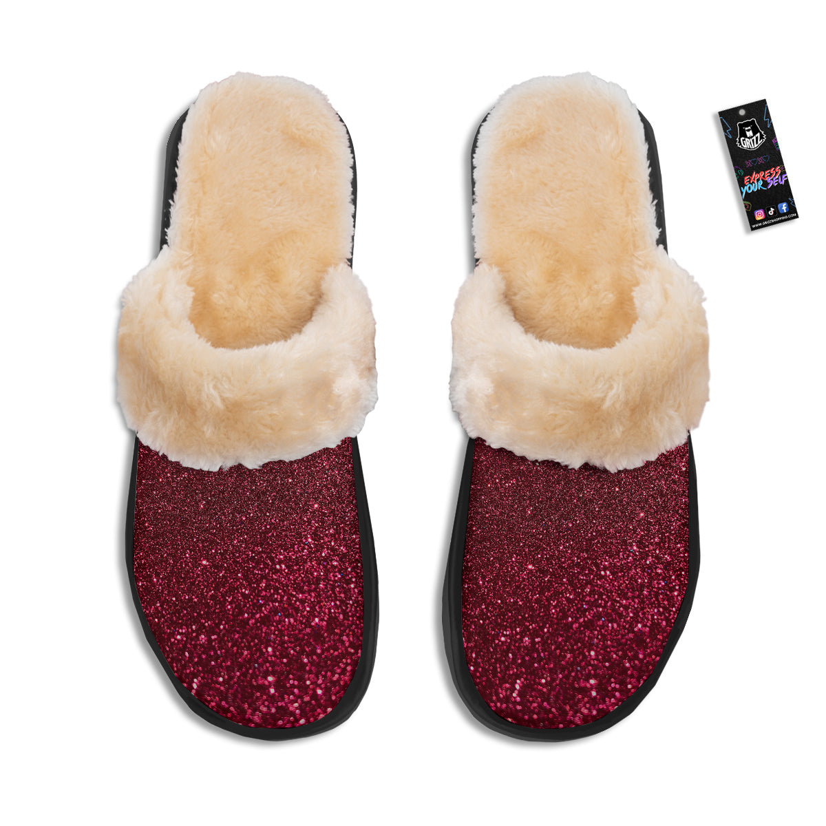 Artwork Burgundy Glitter Print Slippers-grizzshop