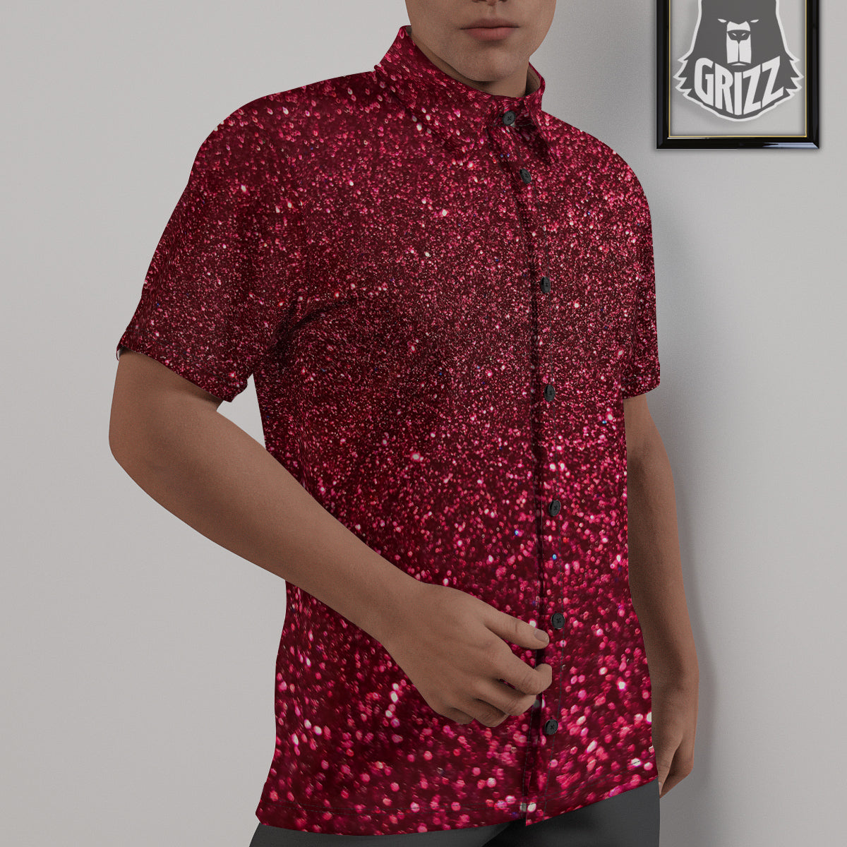 Artwork Burgundy Glitter Print Untucked Shirts-grizzshop