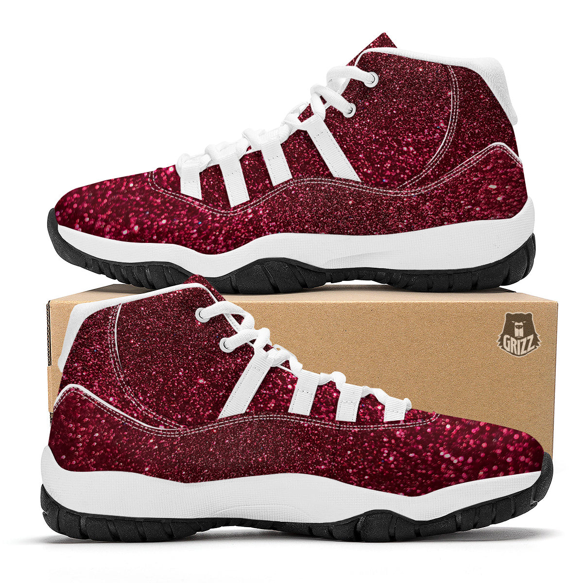 Artwork Burgundy Glitter Print White Bball Shoes-grizzshop