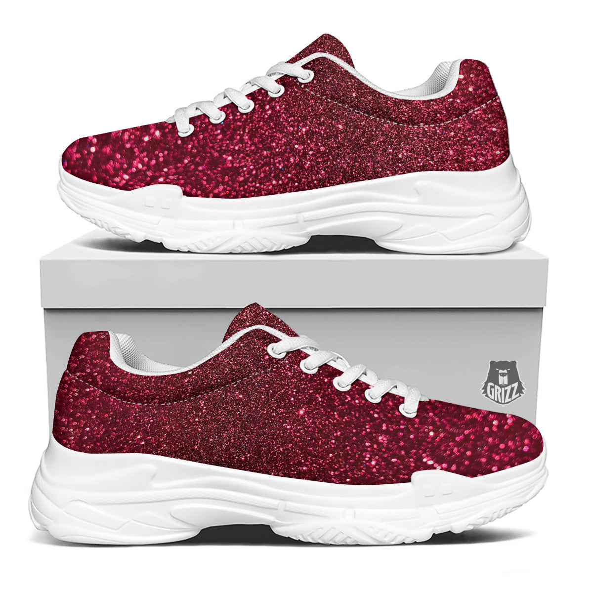 Artwork Burgundy Glitter Print White Chunky Shoes-grizzshop