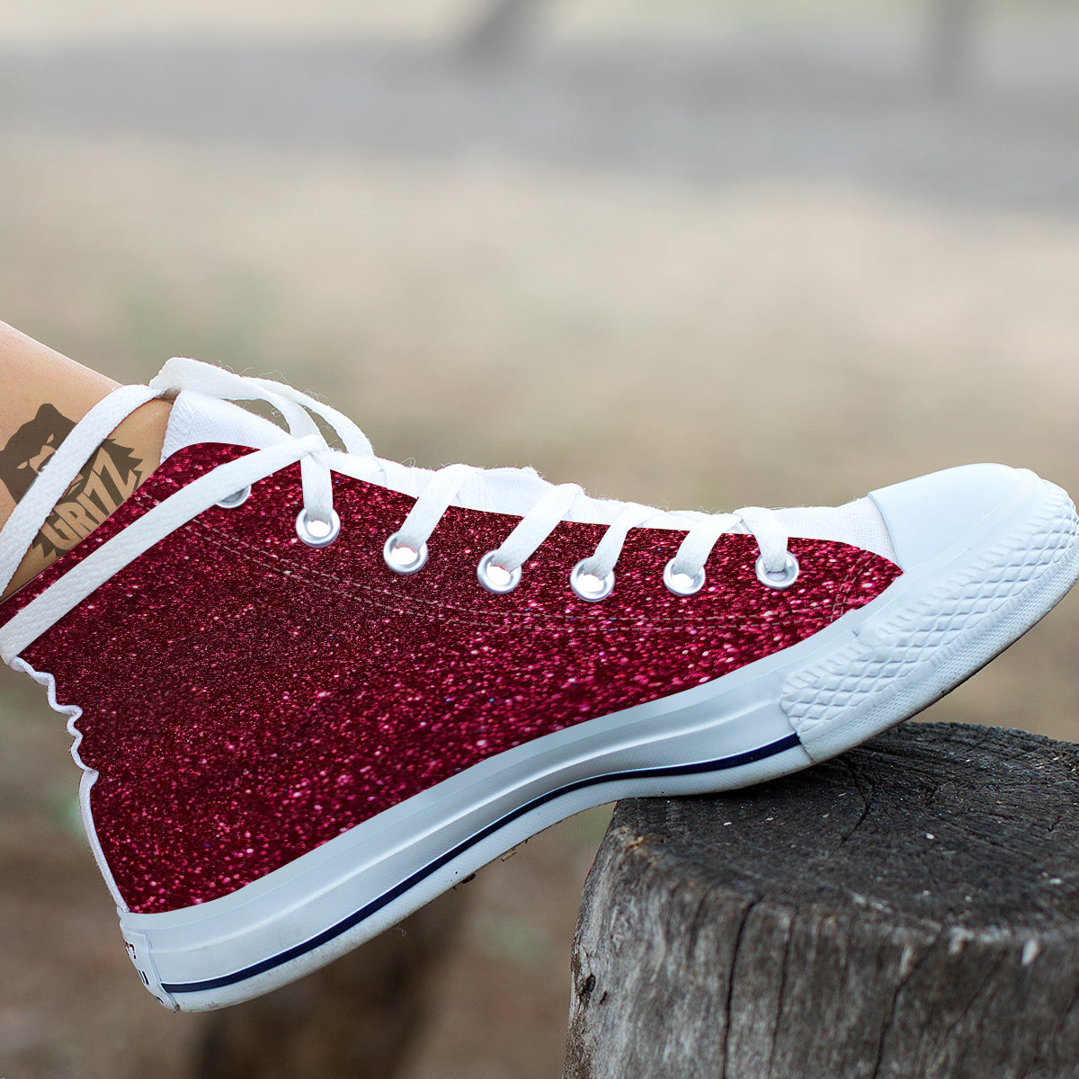 Artwork Burgundy Glitter Print White High Top Shoes-grizzshop