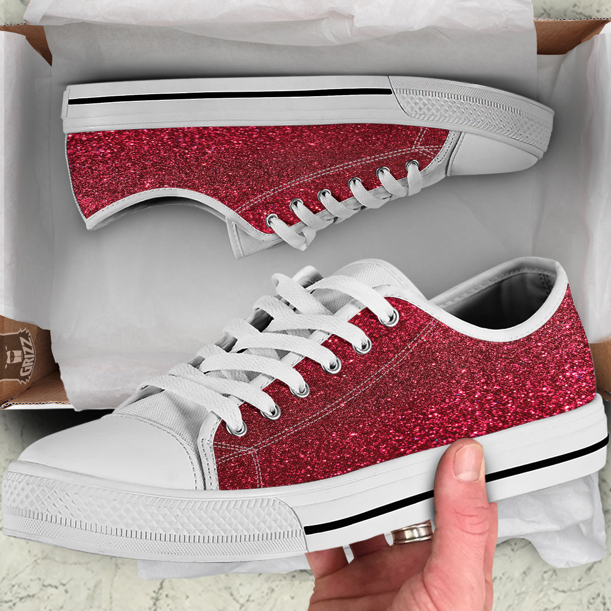 Artwork Burgundy Glitter Print White Low Top Shoes-grizzshop