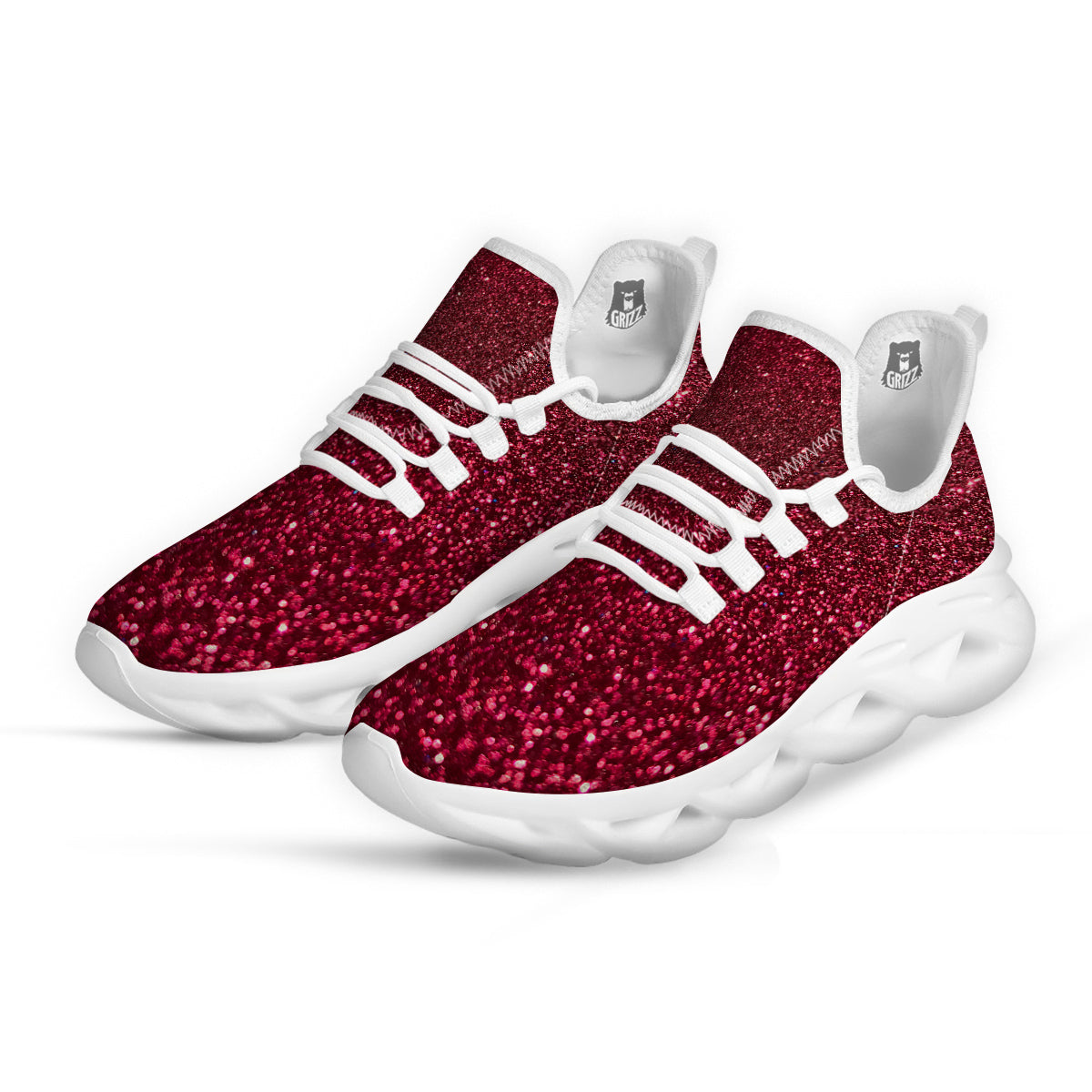 Artwork Burgundy Glitter Print White Running Shoes-grizzshop