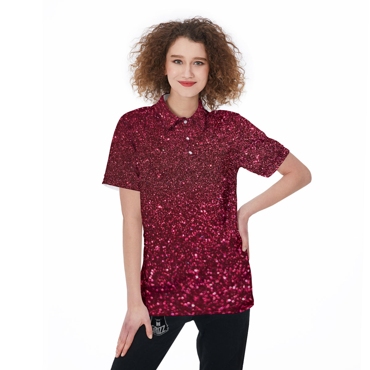 Artwork Burgundy Glitter Print Women's Golf Shirts-grizzshop