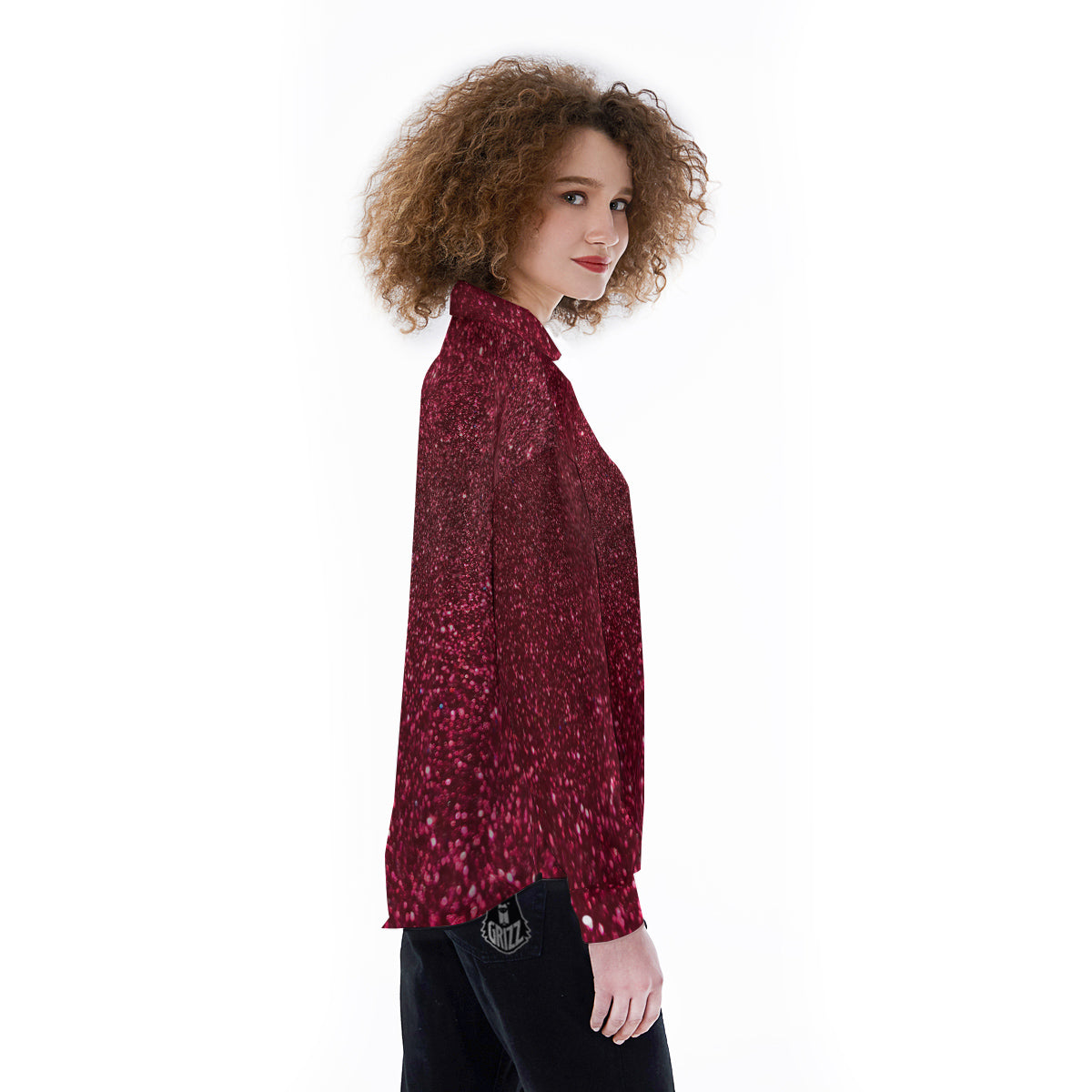 Artwork Burgundy Glitter Print Women's Long Sleeve Shirts-grizzshop