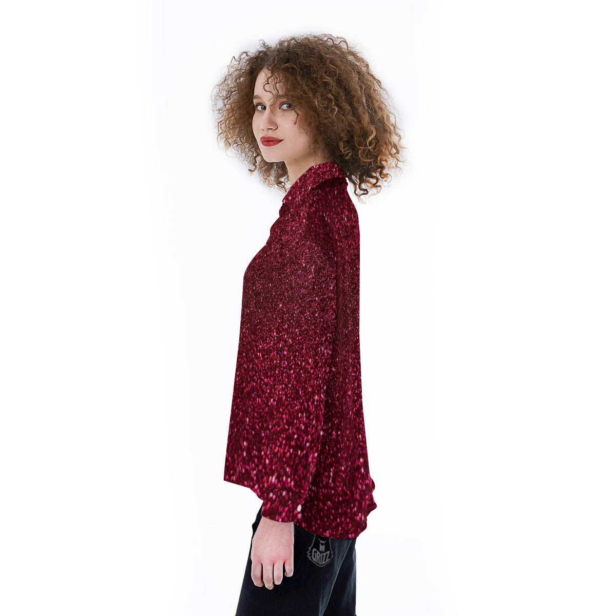 Artwork Burgundy Glitter Print Women's Long Sleeve Shirts-grizzshop