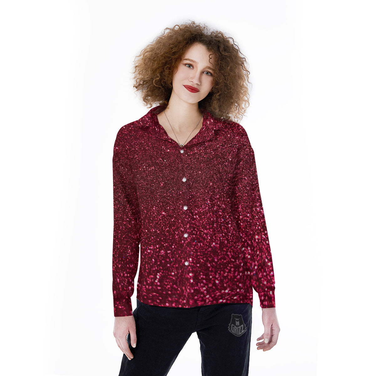 Artwork Burgundy Glitter Print Women's Long Sleeve Shirts-grizzshop