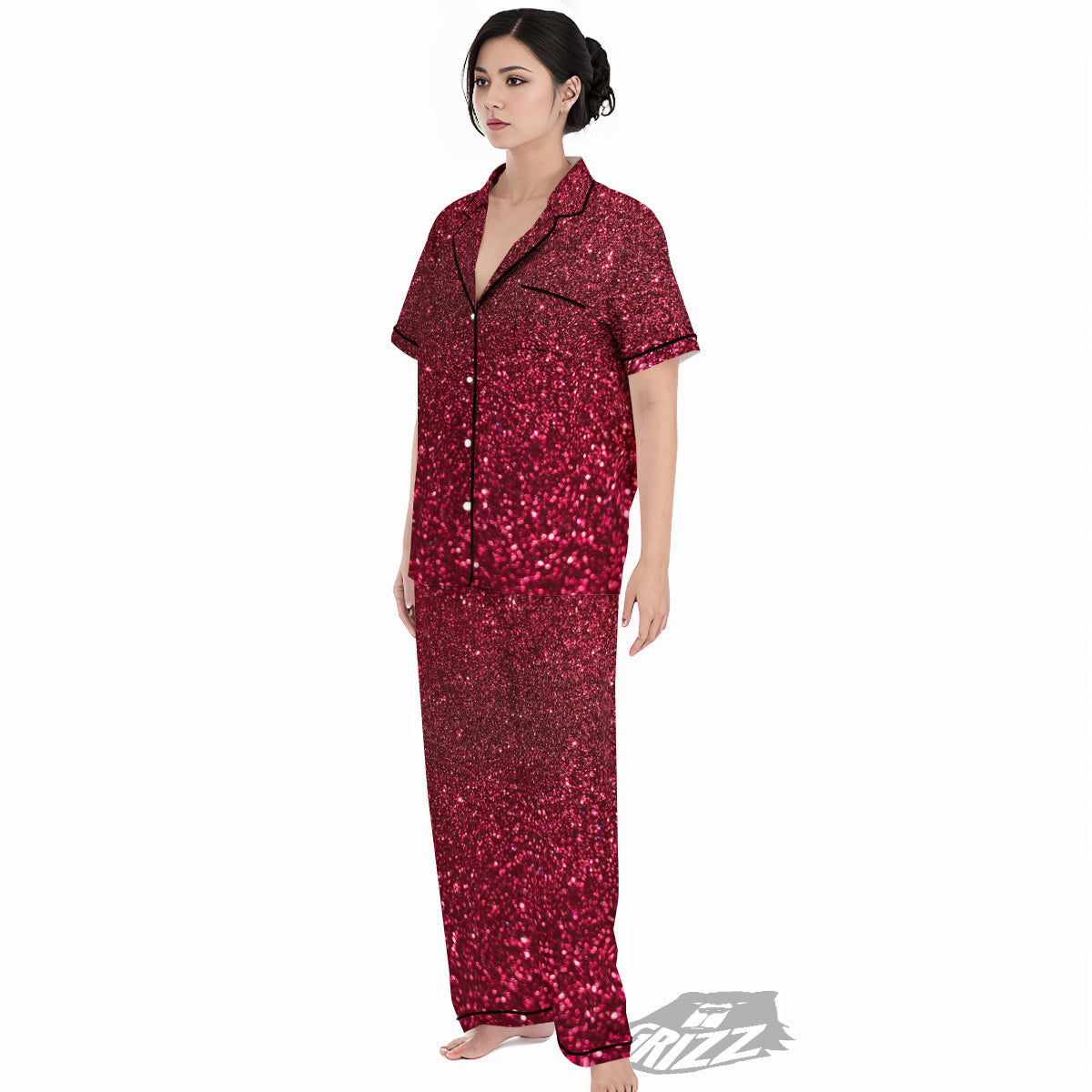 Artwork Burgundy Glitter Print Women's Pajamas Set-grizzshop