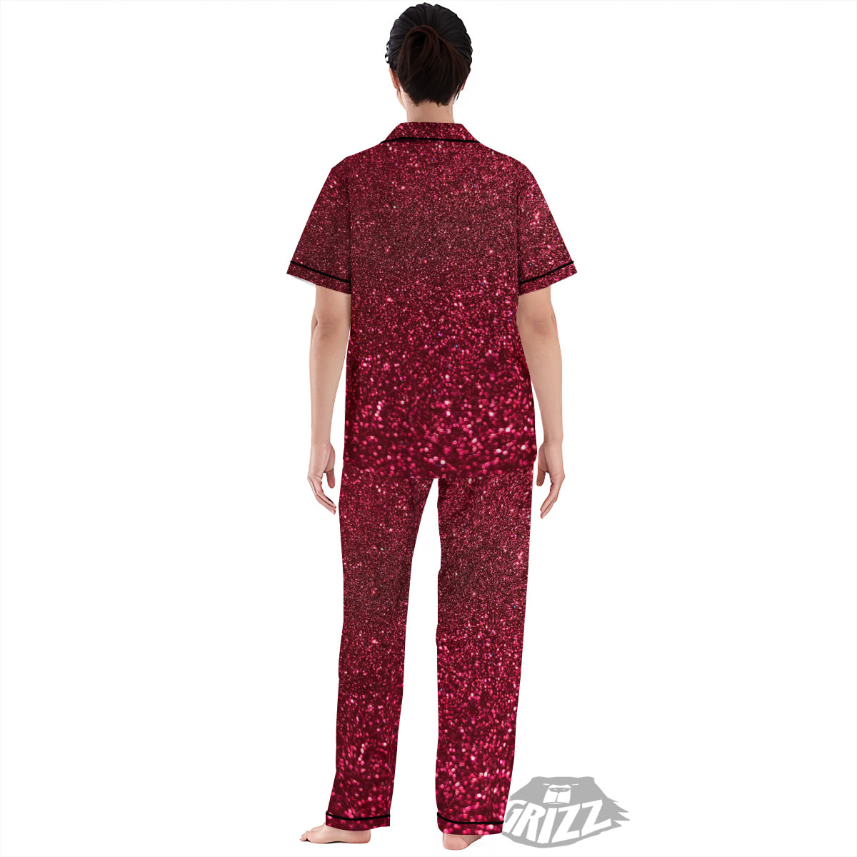 Artwork Burgundy Glitter Print Women's Pajamas Set-grizzshop