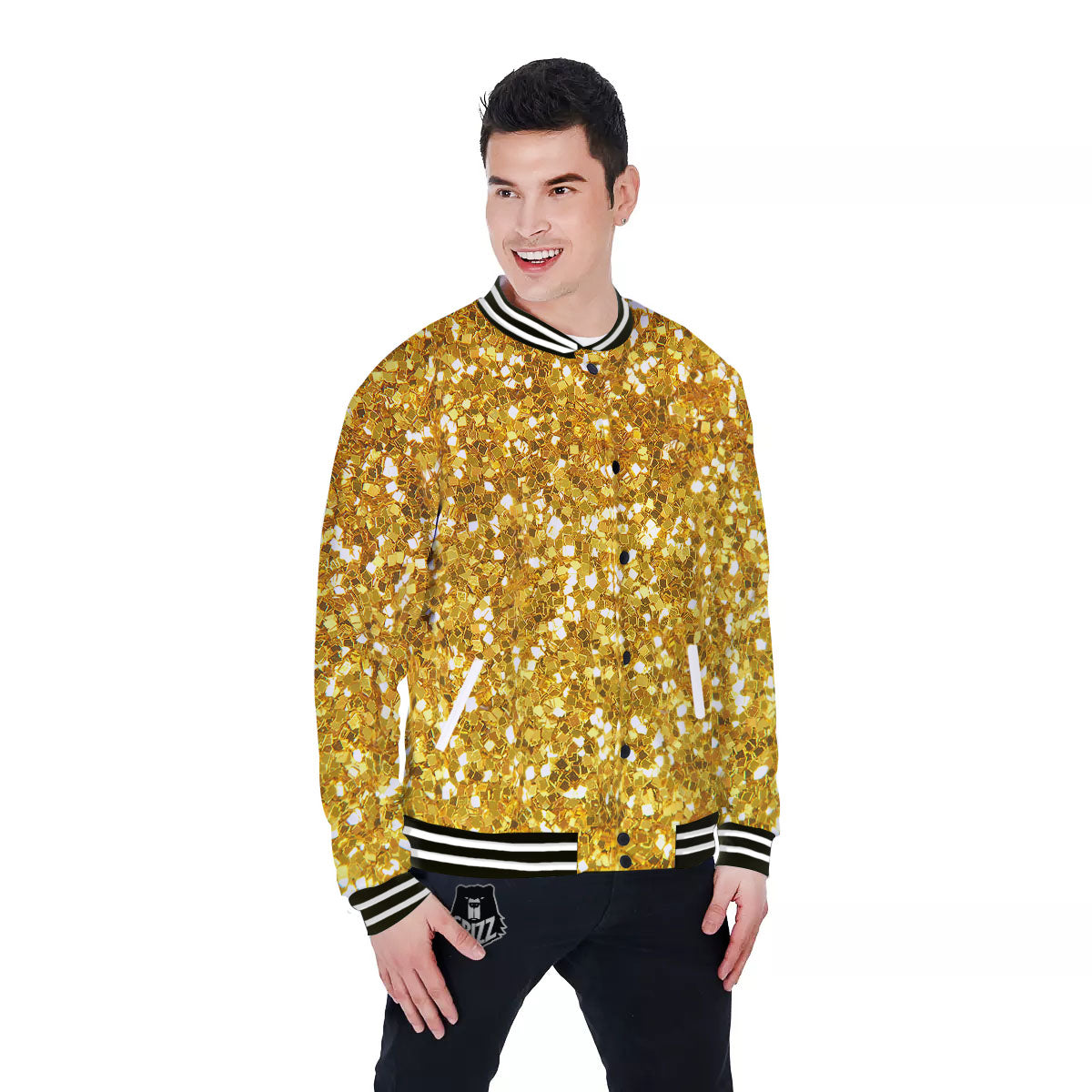 Artwork Glitter Gold Print Baseball Jacket-grizzshop