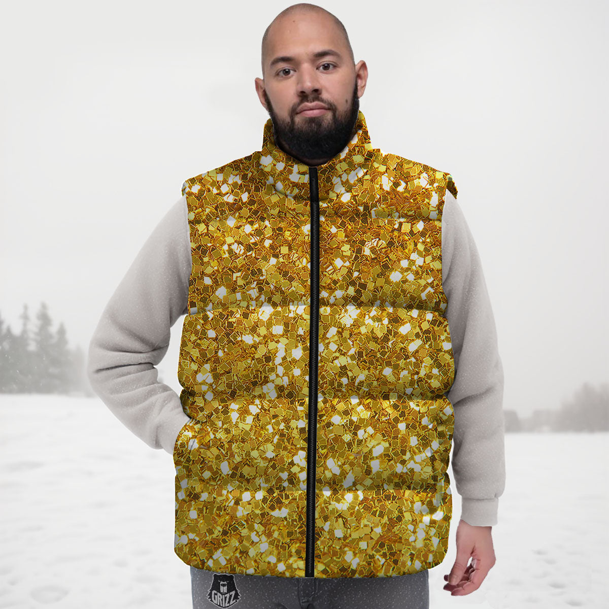 Artwork Glitter Gold Print Down Vest