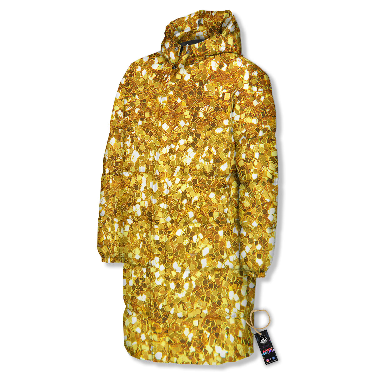 Artwork Glitter Gold Print Long Down Jacket-grizzshop