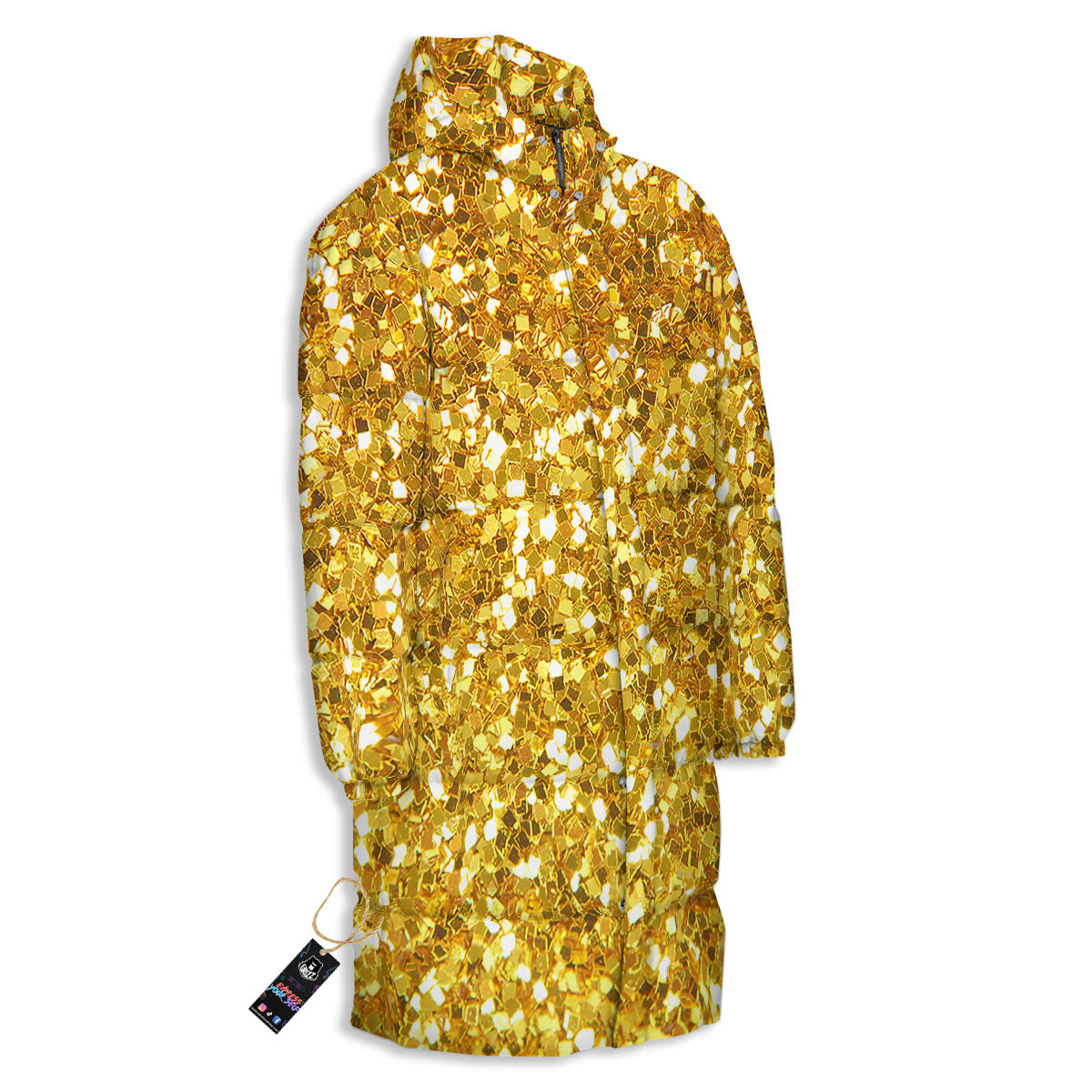 Artwork Glitter Gold Print Long Down Jacket-grizzshop