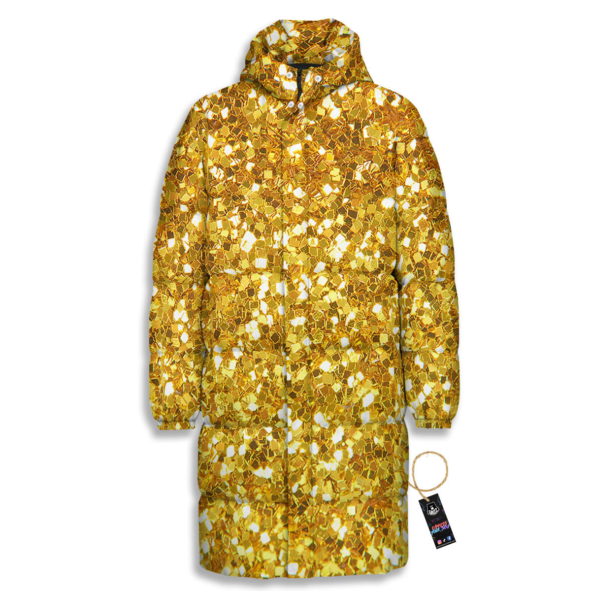 Artwork Glitter Gold Print Long Down Jacket-grizzshop