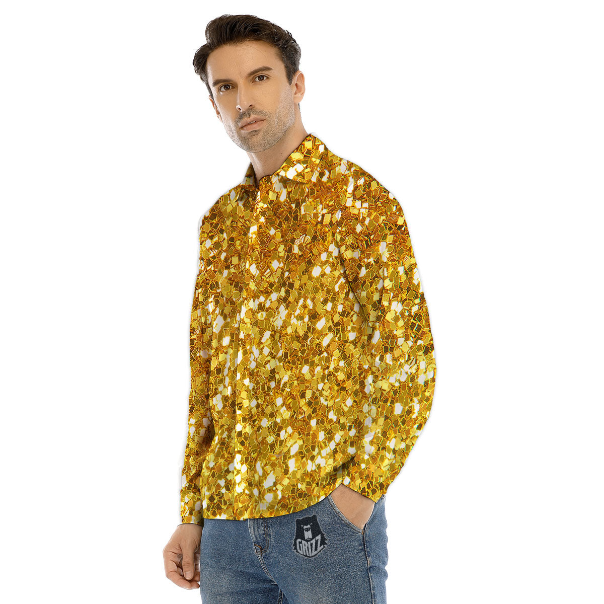 Artwork Glitter Gold Print Men's Dress Shirts-grizzshop